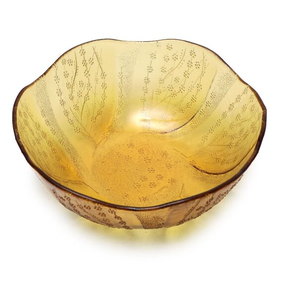 Vintage Pasabahce Amber Glass Salad Bowl Yellow Floral Scalloped Edge 90s Retro - Picture 2 of 9